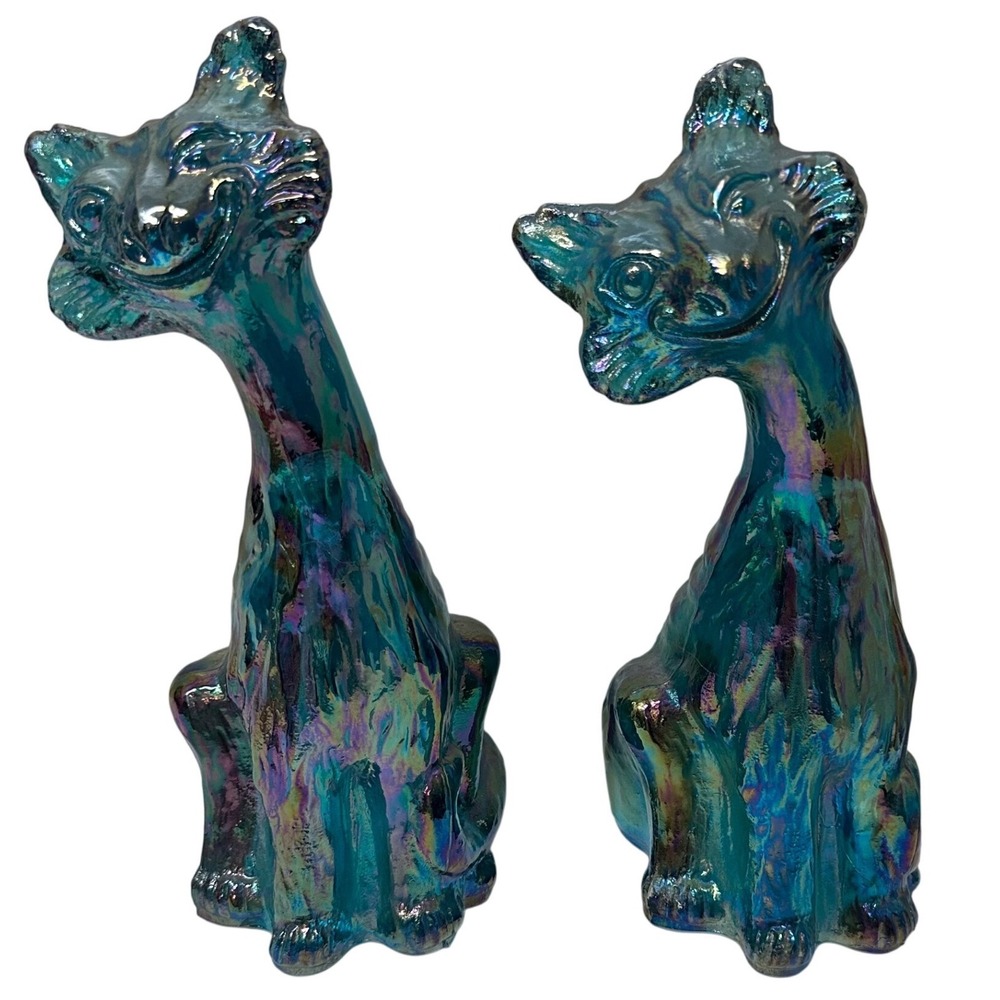 Fenton Teal Blue Carnival Glass Alley Cat Figurines Set of 2 Iridescent 11"
